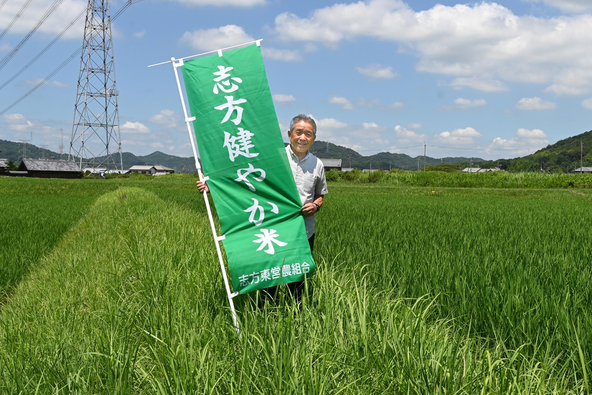 田んぼで志方健やか米をPRする丸山さん