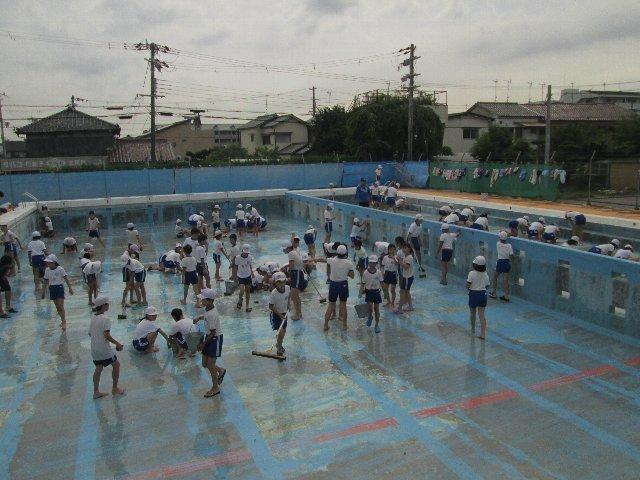 6年生たちがブラシやバケツを持ってプール清掃をしている様子の写真