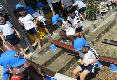 樋を繋いで水を流して遊ぶ5歳児