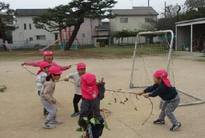 芋づる綱引きで遊ぶ園児