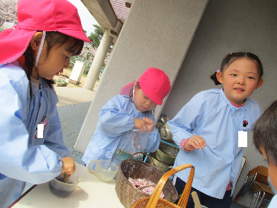 色水で遊ぶ園児