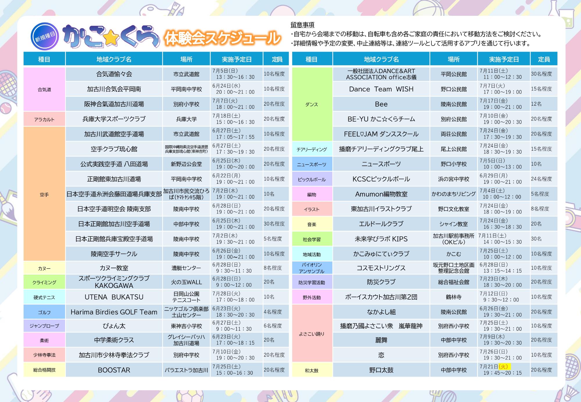 かこ☆くら体験会スケジュール(新規種目)