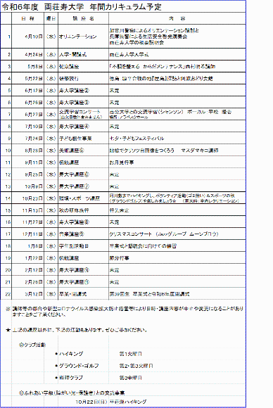 R6年度両荘寿大学カリキュラム予定表