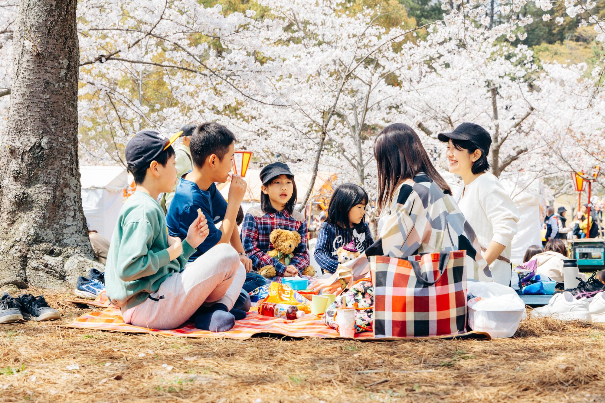 日岡山公園でお花見をするファミリー