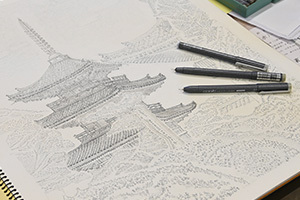 点描で描かれた鶴林寺の絵