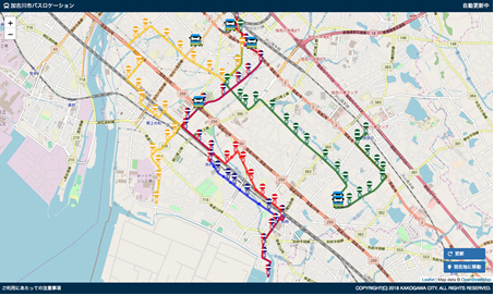 マップ上に路線図が表示されたバスロケーションシステムのサイトの画面