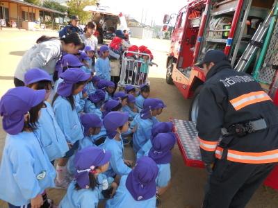 消防車に何がついているのかを消防士から解説して貰っている園児たちの写真