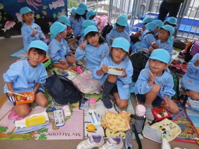 現地にて弁当を広げる園児たちの昼食風景の写真