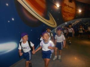 プラネタリウム見学で星が書かれた壁や天井を見上げる園児の写真