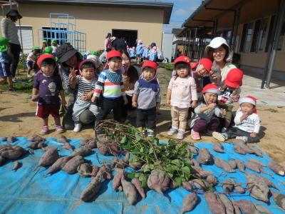 掘り出した芋を前に撮影された園児たちの集合写真