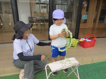 クローバーの花飾りを作る5歳児