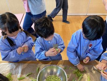 5歳児の中で4歳児が豆を取り出しているところ