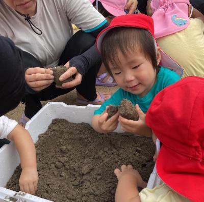 田んぼの土に触れてじっとみる1歳児