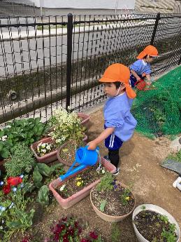 みずやりをする3歳児