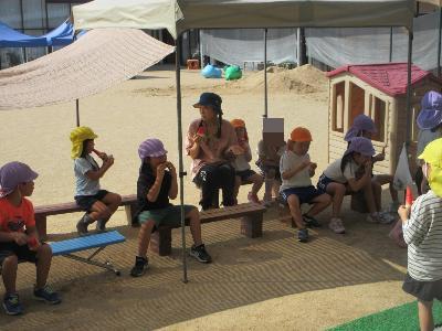 園庭ですいかを食べるこども達