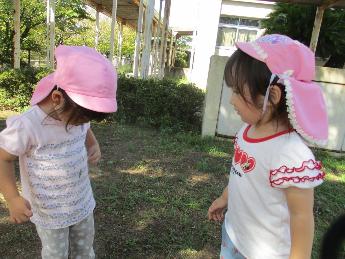 おなかについたひっつきむしの草をみる2歳児