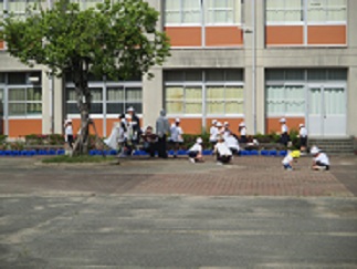 児童と教師、保護者が、中庭で草を抜いている。