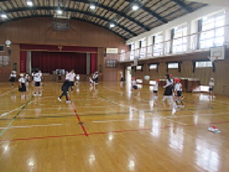体育館で、ドッジボールをする縦割り班