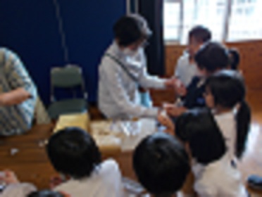 綿の実物を児童が触らせてもらっている。