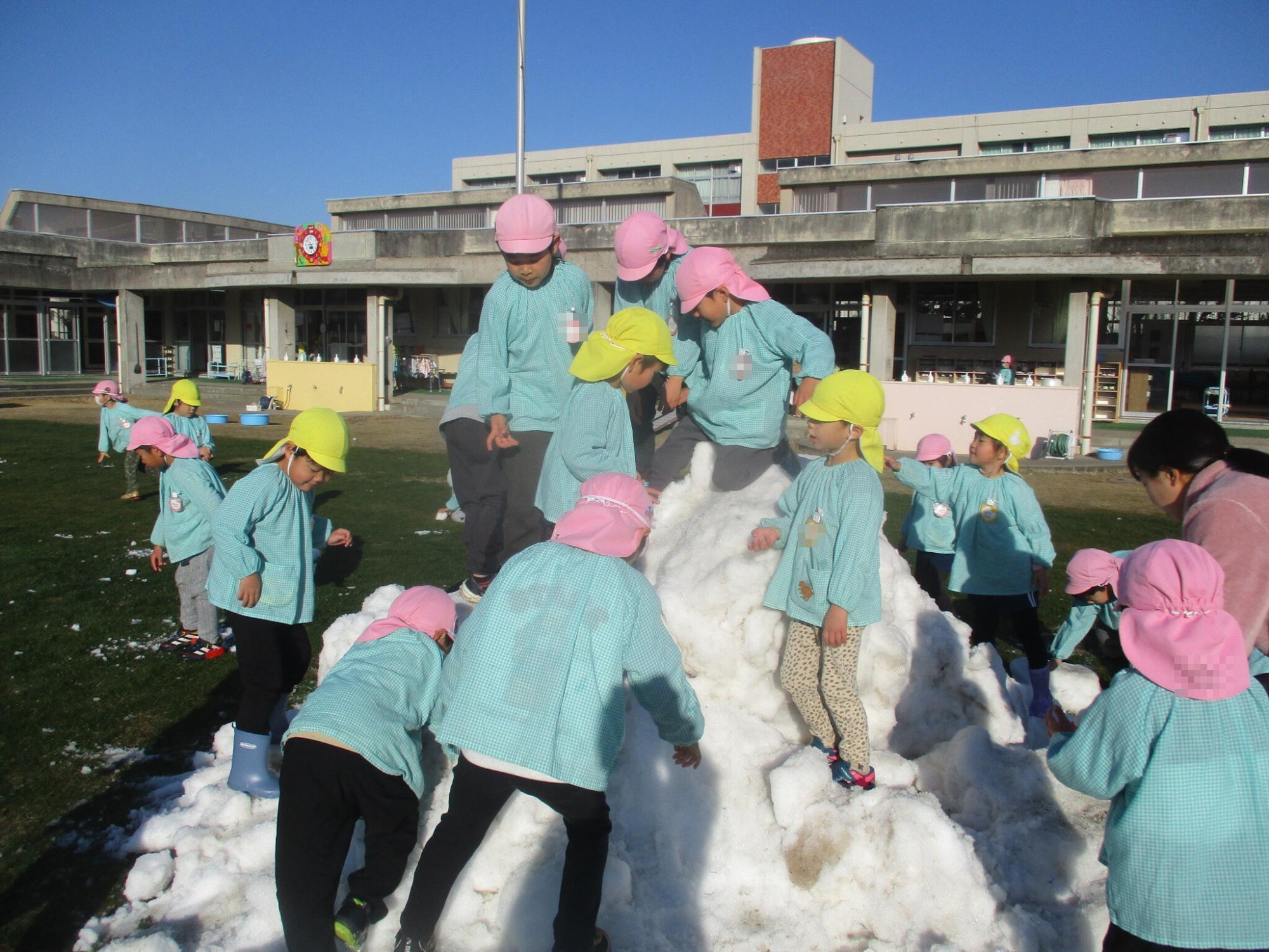 雪山で遊ぶ園児