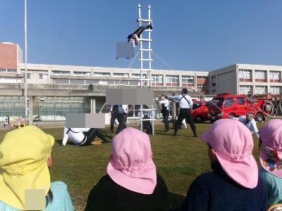 梯子の演技を見る園児