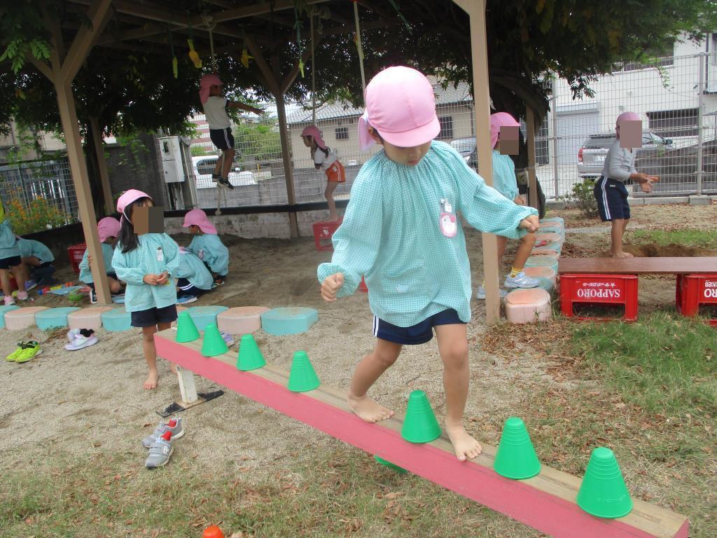 サルになりきって平均台で作ったコースを渡る園児