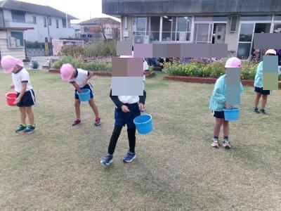 芝生の種まきをする5歳児