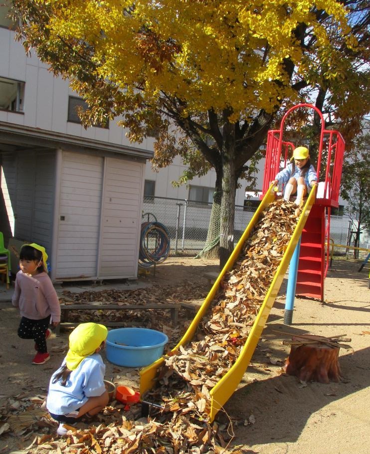 落ち葉を滑り台に敷き詰めて、落ち葉滑り台をしている様子
