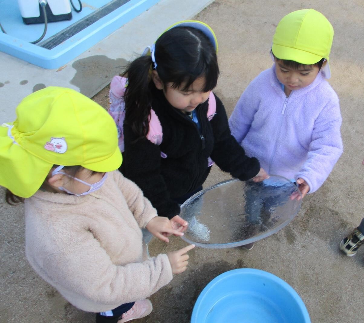 たらいに水を入れていたものが、朝登園すると氷になっており、友達と喜んで氷を手にしている様子。