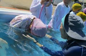 両手を顔にあてながら勇気を出して水に顔をつける年長児