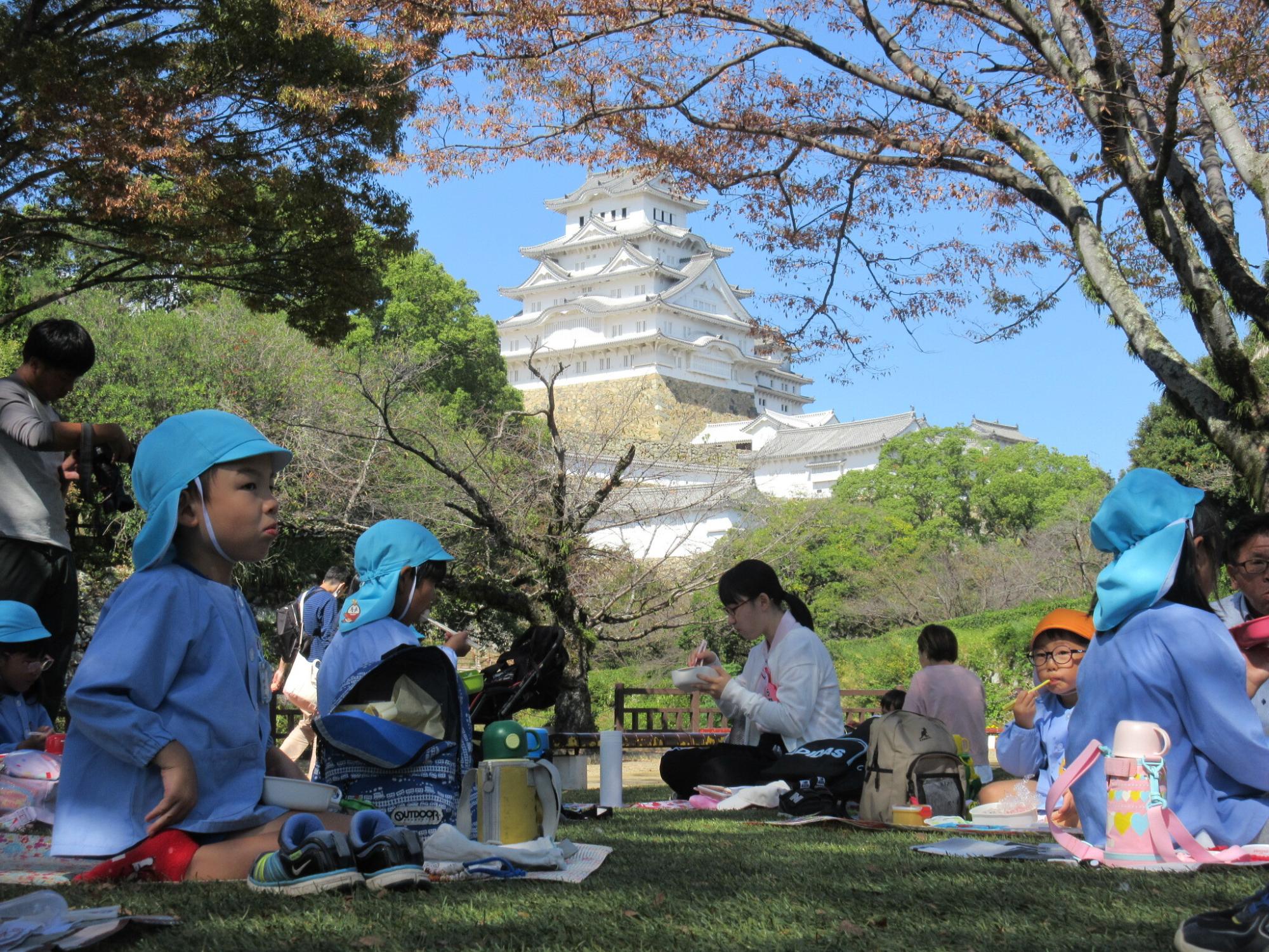 姫路城のふもとで、お弁当を食べる園児たち
