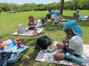 芝生でお弁当を食べる様子