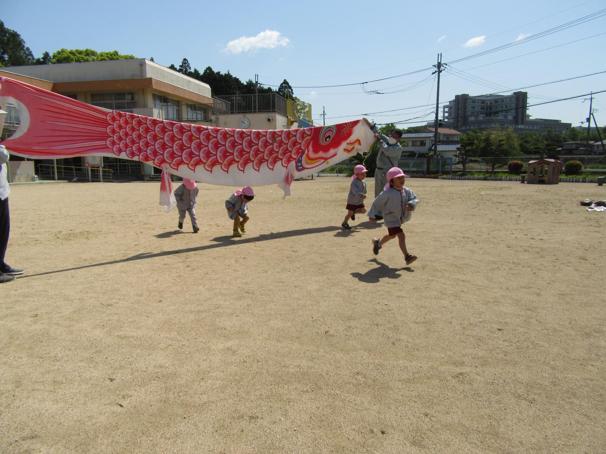 こいのぼりの下をくぐって走り抜ける子供たち