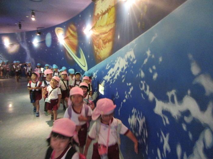 平成31年度1学期やまて幼稚園の園児がプラネタリウム見学、宇宙の道を見ている時の写真