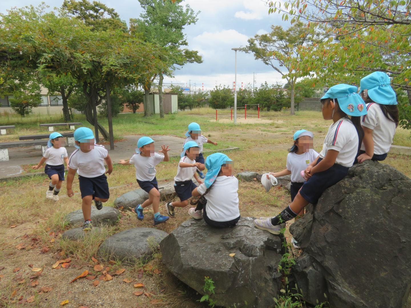 公園の岩に上ってだるまさんがころんだで遊ぶ年長児