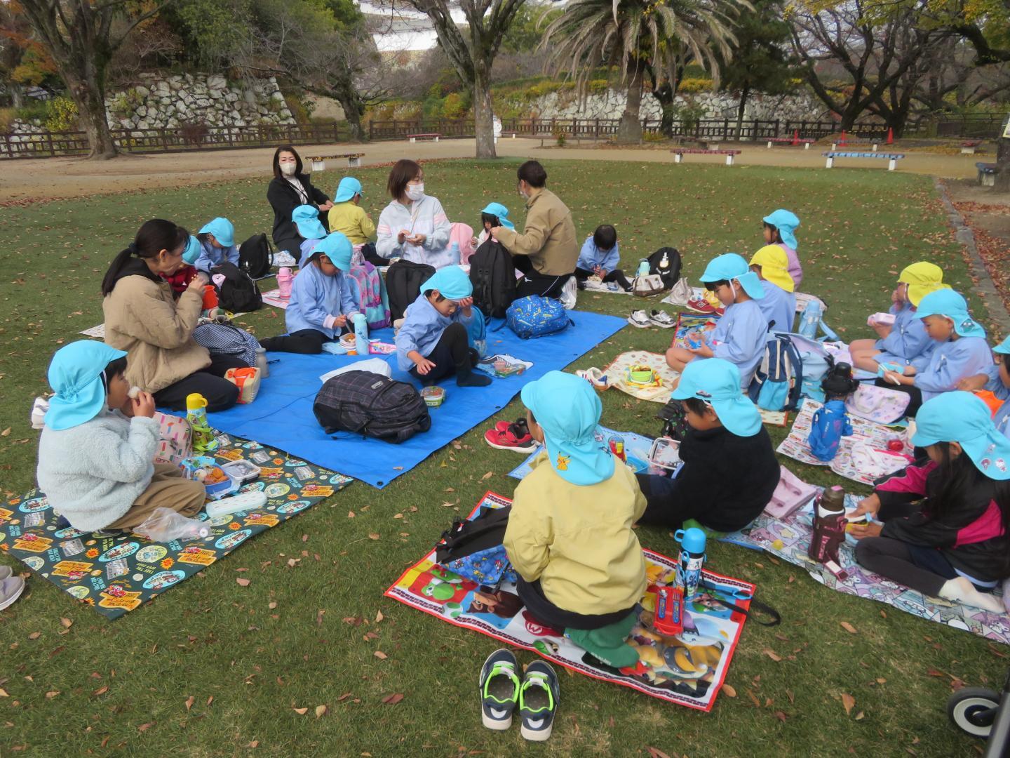 芝生で弁当を食べている幼児
