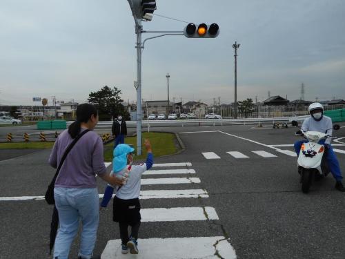 教習所の道路で横断歩道の渡り方を指導していただいているところ