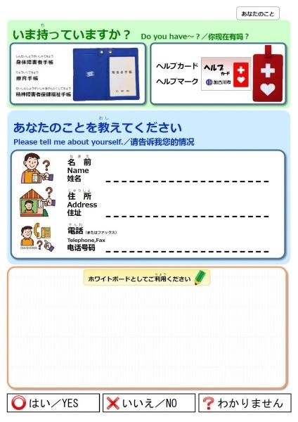 名前や住所を確認するために使うコミュニケーション支援ボードの写真