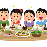 子どもが楽しそうに食事を食べているイラスト