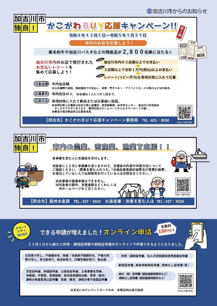 物価高騰対策事業の詳細（かこがわBUY応援、市内事業者応援、オンライン申請増加）