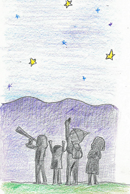 夜空に浮かぶ星を観察する4人の人影が描かれた「ナイトハイクと星空観察」のイラスト