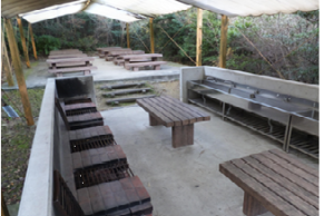 窯と流し台とテーブルが並んだ屋根付きの炊さん場の写真