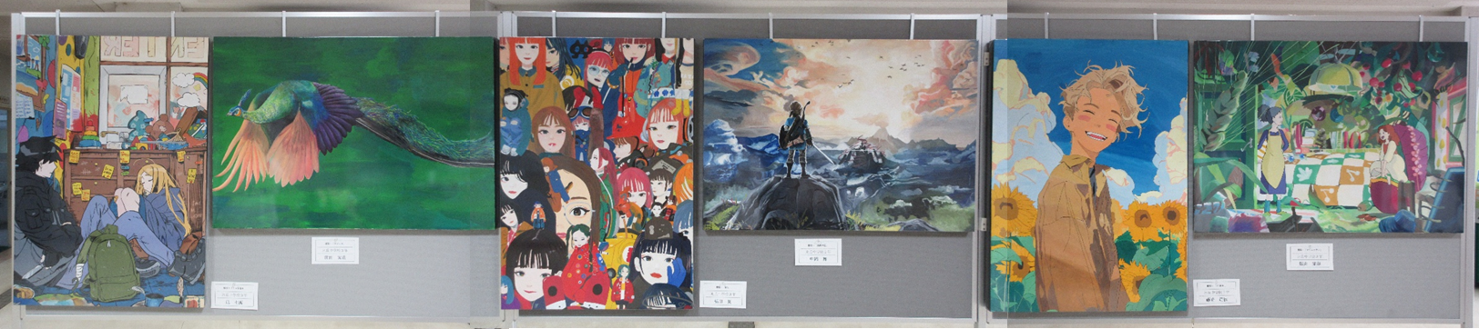 左から順に、男の子と女の子が座る様子、孔雀、たくさんの女の子の顔、ゲームの世界より勇者が城を目指す様子、ヒマワリを背景に笑う男の子、映画「借りぐらしのアリエッティ」より。