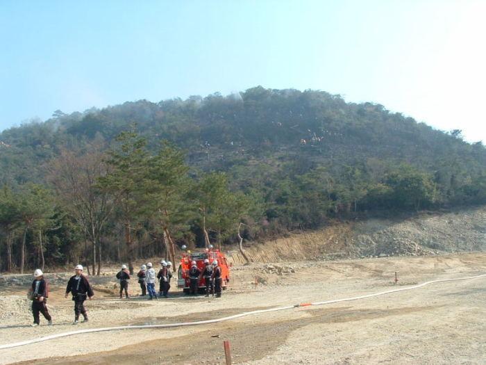 林野火災を消化するため消防団員と消防隊員が力を合わせ消火活動を行っている写真