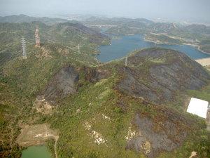 林野火災の後で山肌が黒く焦げている様子の写真